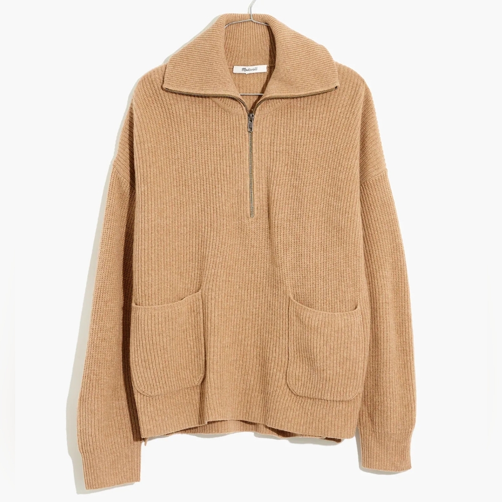 Madewell Glenbrook Half-Zip Pullover Wool Sweater in Camel Tan Size Large